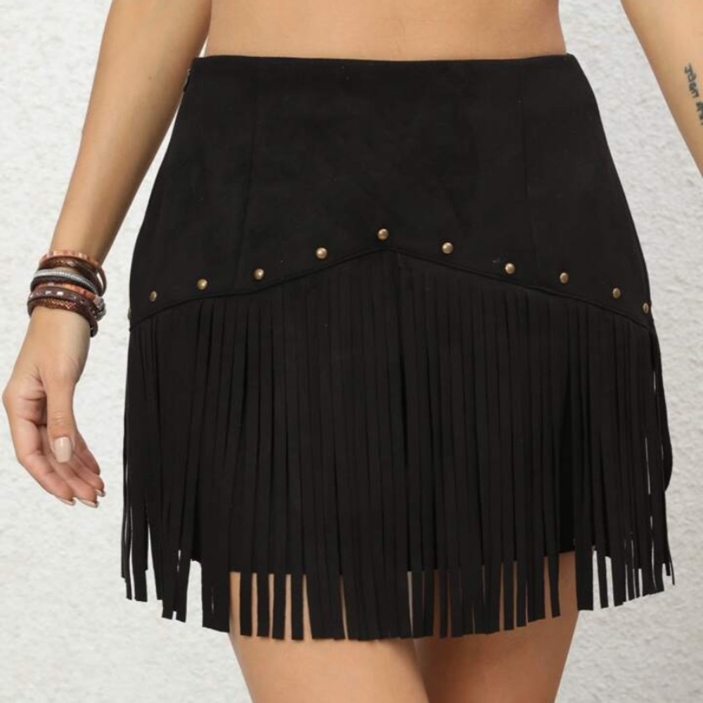 Studded Detail Fringe Trim Suedette Skirt